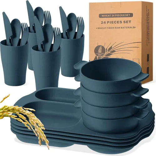 Vista 7 de Tanlade Juego de 24 cubiertos de paja de trigo, platos divididos, platos irrompibles, aptos para microondas, lavavajillas, cubiertos, cuchara