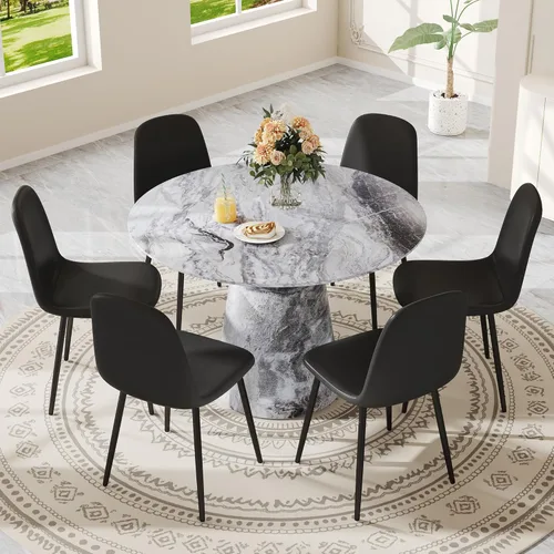 Vista 48 de Mesa de comedor redonda para mesa de comedor de 4/6, 45 pulgadas, mesa de cocina pequeña con pedestal estable, mesa de comedor moderna para cocina