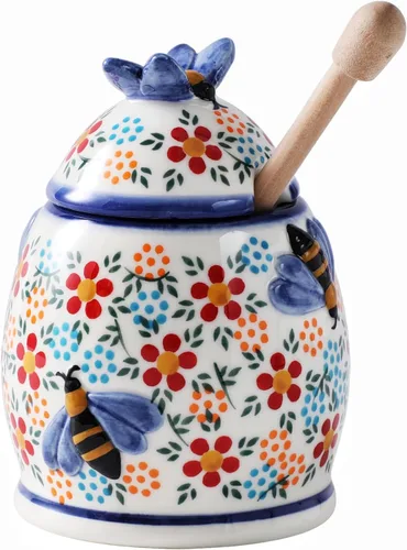 Vista 13 de ZOOBEE Tarros de Miel Cerámicos con Cuchara y Tapa Estilo Granja, Tarro de Miel de 10oz con Cuchara, Tarros de Miel Pintados a Mano con Abejas, Amor