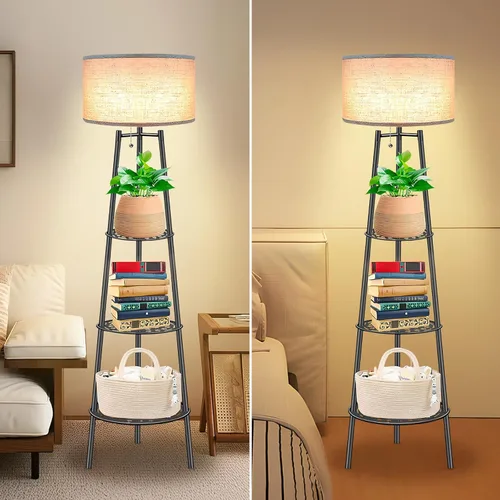 Vista 5 de 2 lámparas de pie negras con estantes para sala de estar, lámpara de pie, lámpara alta, Amparas elegantes para sala con pantalla de lino, lámpara