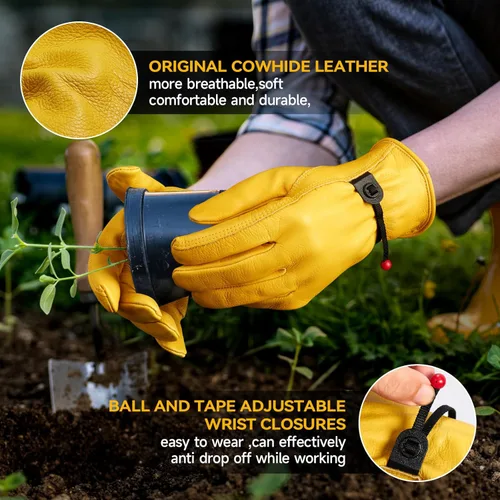 Vista 3 de Guantes de trabajo de cuero para hombres y mujeres con puño ajustable, resistentes, de piel de vaca