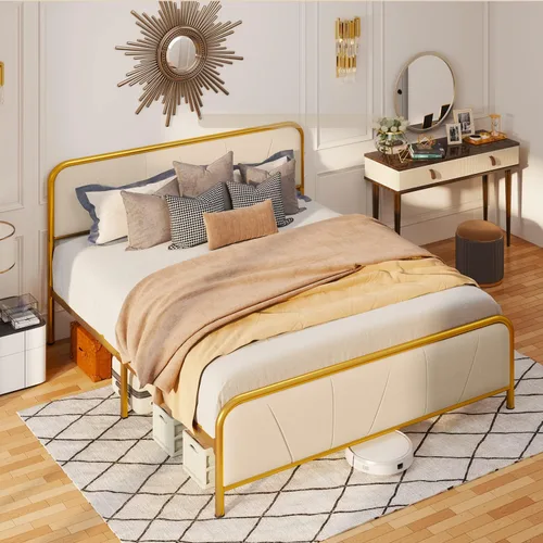 Vista 3 de Gizoon Camas de plataforma tamaño Queen con almacenamiento debajo de la cama, base de cama tapizada con cabecera y base de metal, marco dorado