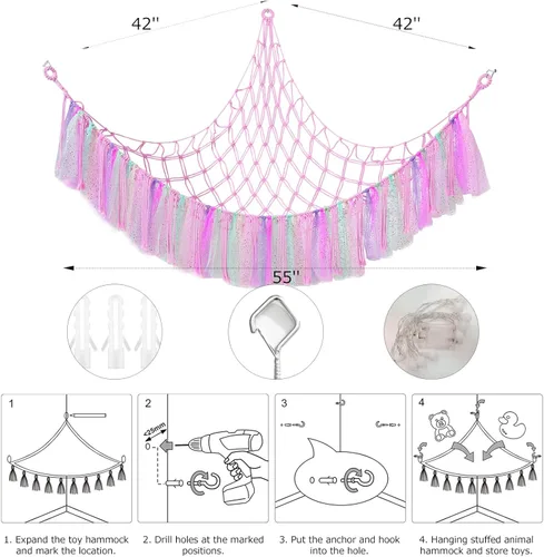 Vista 7 de Hamaca de red bohemia de almacenamiento de animales de peluche de macramé para animales de peluche con red ligera para mascotas para animales
