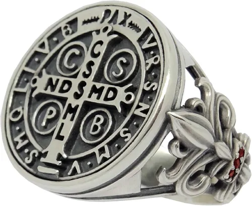 Vista 7 de Anillo de mujer de plata de ley 925 con medalla de San Benito, Fleur de Lis