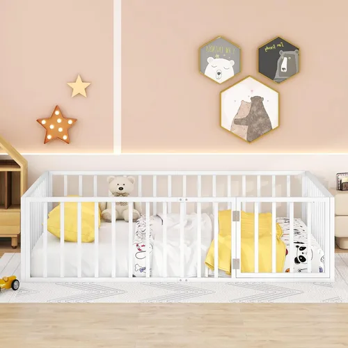 Vista 4 de Harper & Bright Designs Base de cama de metal Queen con rieles, cama Montessori Queen con valla y puerta, para niños y niñas (tamaño Queen, blanco)