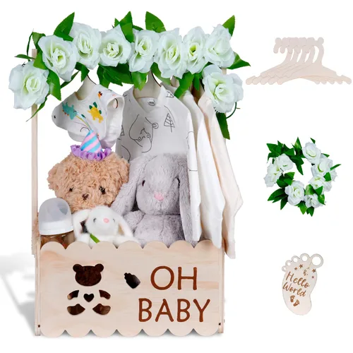 Vista 8 de efluky Caja de Madera para Regalo de Baby Shower con Asa, Cesta de Almacenamiento, Percheros para Ropa de Bebé, Cesta de Bienvenida para Recién