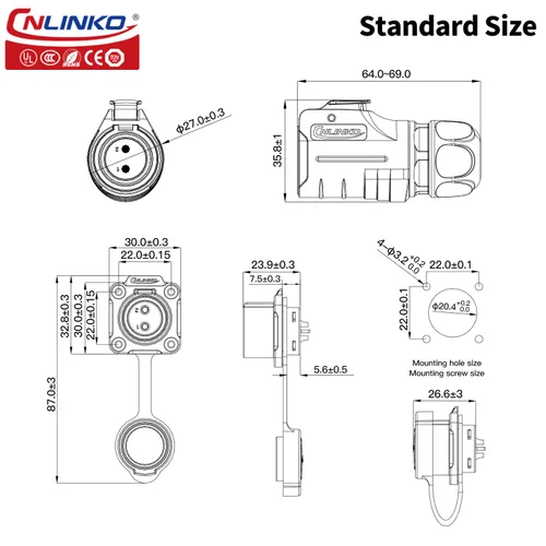 Vista 4 de CNLINKO Serie LP20 Conector Impermeable, Conexión de Bloqueo Rápido IP68, Conector de Energía LED para Exterior de 20A 500V 2 pines m20 Macho