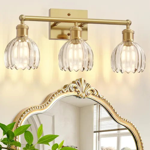 Vista 14 de Bathroom Lights Over Mirror,2-Light Vintage Vanity Light Fixtures,Retro Brass Bathroom Light, Flower Wall Sconce With Green Tulip Glass Shade For