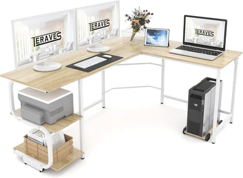 Teraves - Escritorio reversible en forma de L con estantes de esquina redonda para computadora, mesa de juegos, estación de trabajo para el hogar y