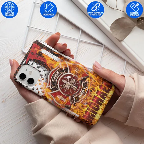 Vista 53 de Funda de teléfono personalizada con bandera estadounidense de madera, diseño de bombero de línea roja, diseño de bombero, regalo personalizado