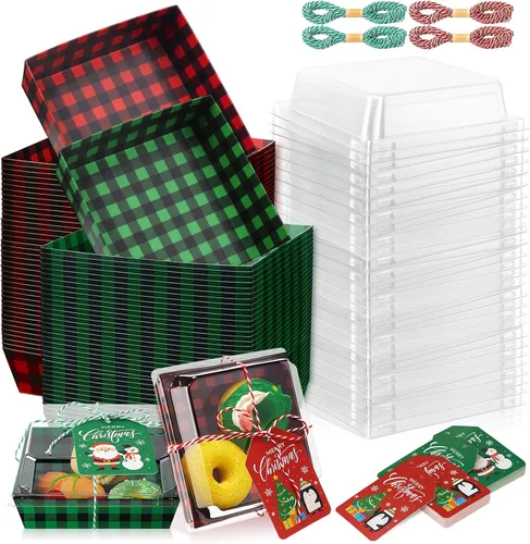 Vista 8 de Yaomiao 50 piezas de cajas de charcutería de Navidad con cuerdas y tarjetas, caja de comida de Navidad con tapas transparentes, contenedores