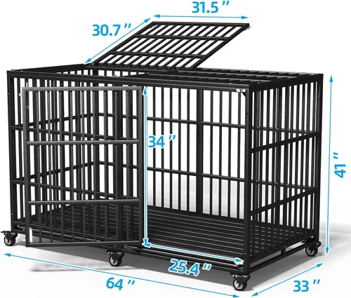 Vista 5 de Jaula para perros de 64 pulgadas, resistente, indestructible, para razas gigantes extra grandes, puertas dobles, ruedas con cerradura, alta