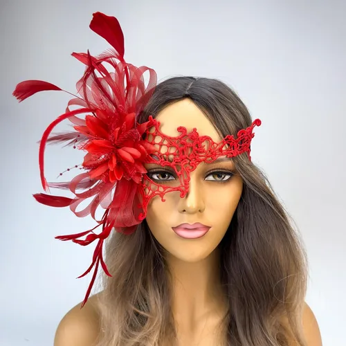 Vista 4 de Máscara de encaje de plumas para mujer, máscara fantasma, Mardi Gras, máscara de encaje con plumas de Mardi Gras, máscara veneciana de brocado