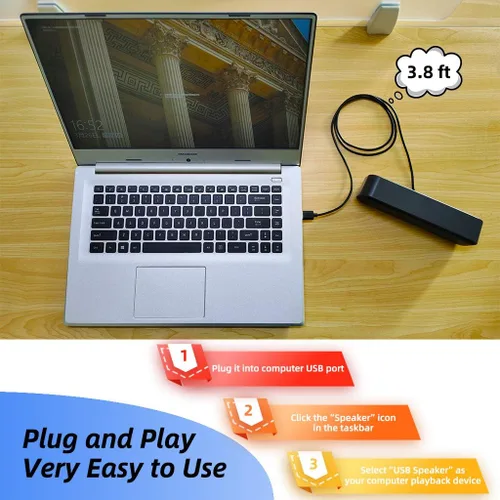 Vista 6 de [Actualizado] Altavoz USB para computadora/portátil con sonido estéreo y graves mejorados, mini barra de sonido portátil para PC con Windows