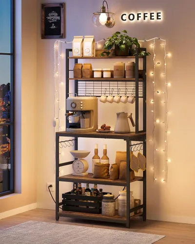 Vista 19 de VASAGLE Hutch - Estante para panaderos con toma de corriente, soporte para microondas de 14 ganchos, barra de café ajustable con panel de alambre