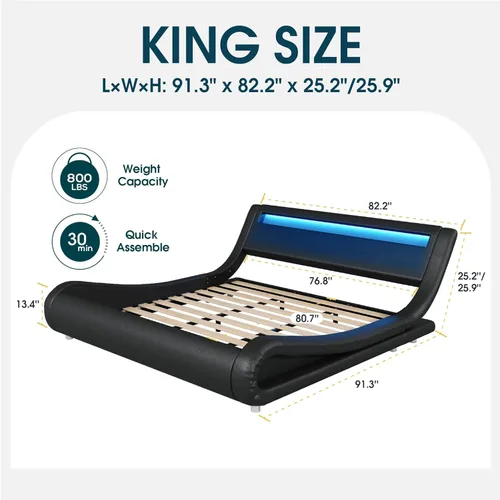 Vista 21 de WEEWAY Moderno marco de cama matrimonial con cabecera de luces LED RGBW, diseño de trineo tapizado de perfil bajo, soporte de listones de madera