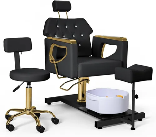 Silla de Pedicura con Spa para Pies y Taburete, Conjunto de Estación de Pedicura Nail Tech con Soporte de Pedicura Ajustable, Tazón de Masaje de