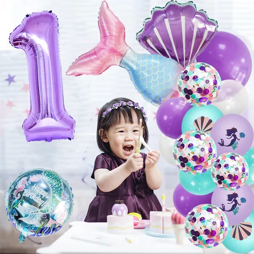 Vista 4 de Globo morado número 1 de 40 pulgadas, globo gigante grande del número 1, globos de sirena de primer cumpleaños, suministros de decoración