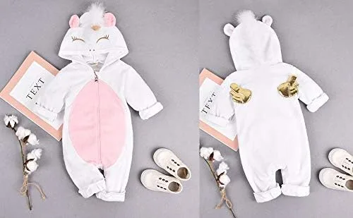 Vista 5 de Mameluco con capucha y cremallera con capucha y alas de ángel de unicornio 3D para bebé, ropa de Navidad, color rosa y blanco