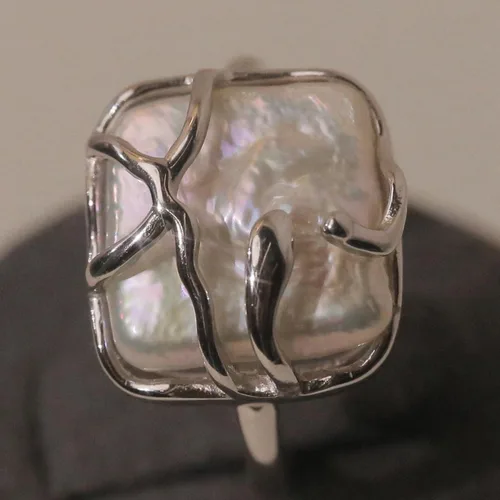 Vista 7 de SEEMSAY Anillo de Perla Barroca de Plata para Mujeres Anillo de Plata de Ley 925
