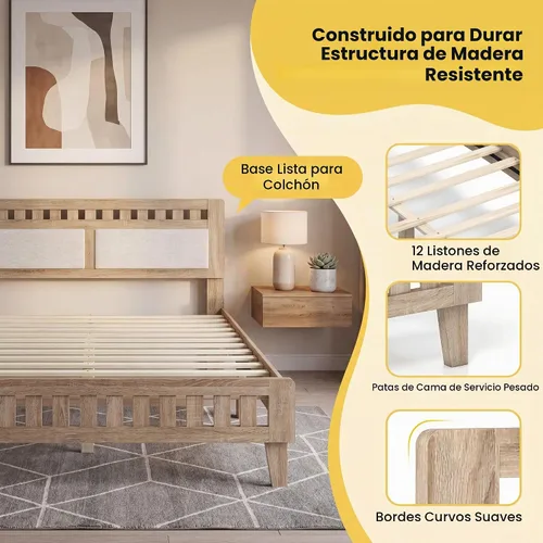 Vista 6 de KOMFOTT Base de cama individual de madera con cabecera tapizada, plataforma moderna de mediados de siglo con espacio debajo de la cama, base