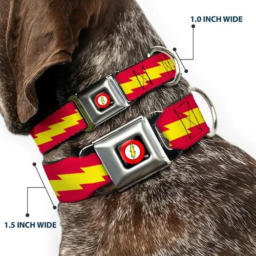 Vista 2 de Collar de perro hebilla de cinturón de seguridad The Flash Bolt Stripe Rojo Amarillo 9 a 15 pulgadas 1.0 pulgadas de ancho, DC-WFL025-S