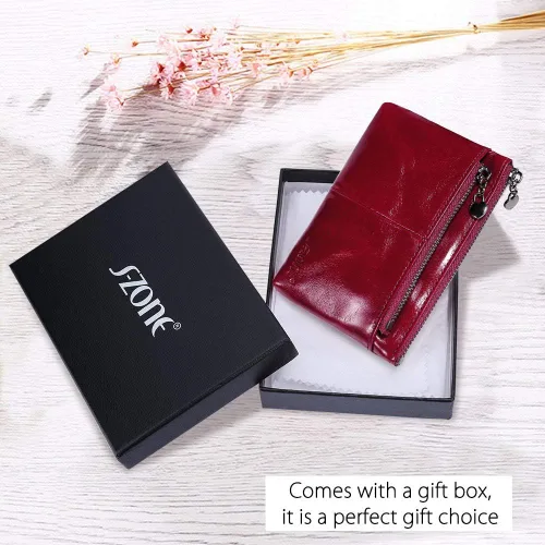 Vista 6 de S-ZONE Monedero de cuero genuino para mujer, monedero pequeño cambio, tarjetero con llavero caja de regalo