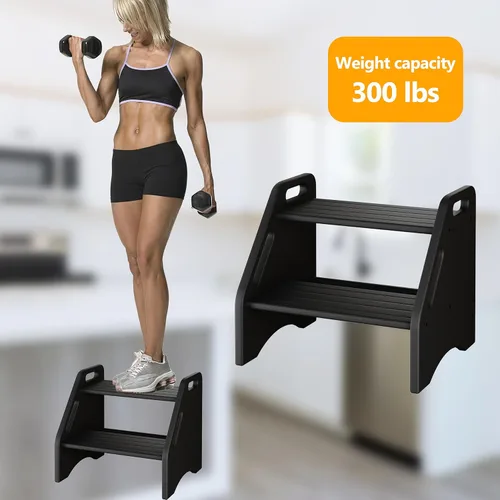 Vista 5 de AMBIRD Taburete de madera – Capacidad de dos pasos de 300 libras con almohadillas antideslizantes de seguridad y asas, bambú para baño, cocina, Negro