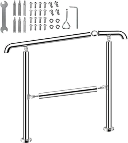 Vista 2 de 304 Stainless Steel Handrail for Deck Stairs Indoor Outdoor Metal Balustrade Hand Railing, Round Pipe Tube Brushed Rail Bars Adjustable Angle Fits 1