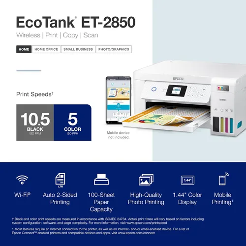Vista 2 de Epson EcoTank ET-2850 Impresora inalámbrica a color todo en uno Supertank de inyección de tinta, color blanco, copia de escaneo de impresión, 10