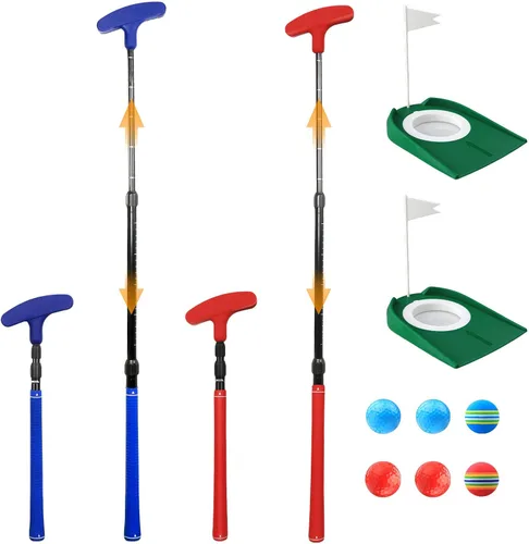 Putter de golf ajustable, juego de mini golf - 2 palos de golf para niños con 6 pelotas de golf y 2 tazas con bandera, putter bidireccional para
