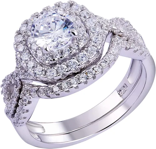 Newshe - Juego de anillos de compromiso para mujer, plata esterlina 925 de 1.8 quilates, redondo, blanco, AAA Cz, tamaño 5-10