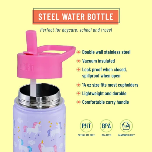 Vista 5 de Wildkin Paquete de maleta rodante con botella de agua reutilizable de acero de 14 onzas (unicornio)