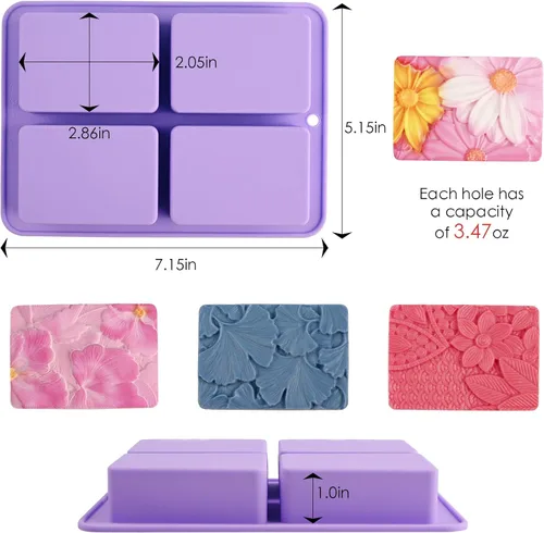 Vista 2 de Moukiween Moldes de jabón de silicona, moldes de silicona con patrón de flores rectangulares 3D para jabón hecho a mano, bombas de baño, barras