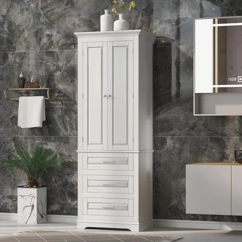 Polibi Armario de almacenamiento alto con 3 cajones, estantes ajustables de 3 niveles y 2 puertas, gabinete de lino independiente para baño, sala de