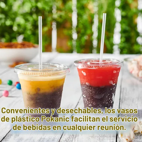 Vista 4 de Vasos transparentes de plástico [12 onzas] con tapas y pajitas [juego de 100] desechables para bebidas frías para beber café helado, agua, jugo