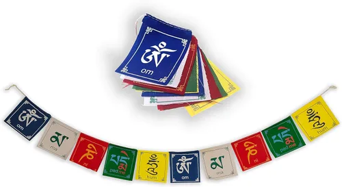 Buda de la compasión banderas tibetanas de oración Om Mani Padme Hum Juego de 10 cinco colores tradicionales tibetanos que son amarillo, verde,