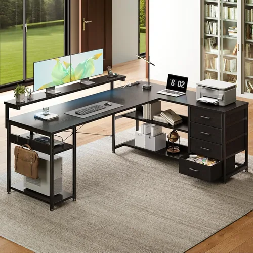 Vista 2 de AODK 61" L Shaped Desk with Drawer, Computer Desk with Power Outlets & LED Lights, Reversible Corner Gaming Desk for Home Office Workstation, Office