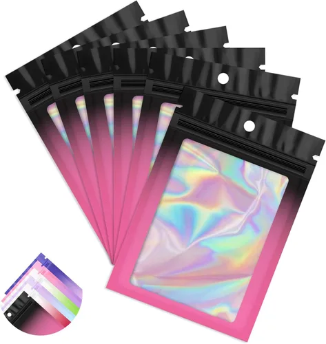 Paquete de 100 bolsas holográficas de Mylar, bolsa de papel de aluminio transparente con cierre, bolsa de embalaje para almacenamiento de alimentos,