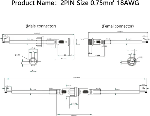 Vista 4 de Conector de tira LED de 2 pines 18AWG IP65 macho hembra 7.87 pulgadas, cable de extensión para automóvil, camión, barco, conector LED impermeable