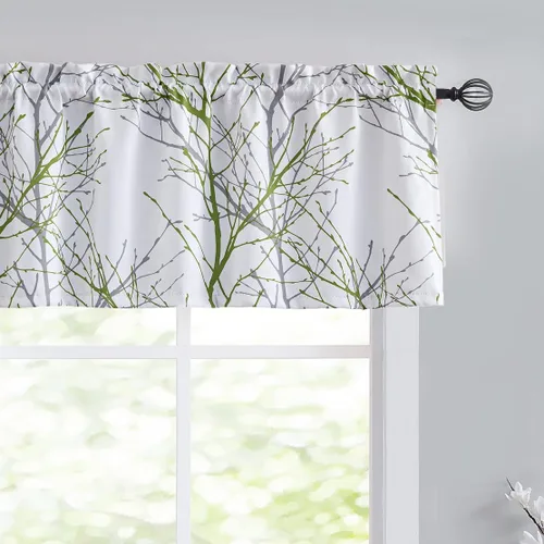 Vista 14 de FMFUNCTEX Cortina de cenefa 100% opaca en blanco y negro para cocina, baño, 18 pulgadas de largo, estampado de ramas de árbol, sala de estar