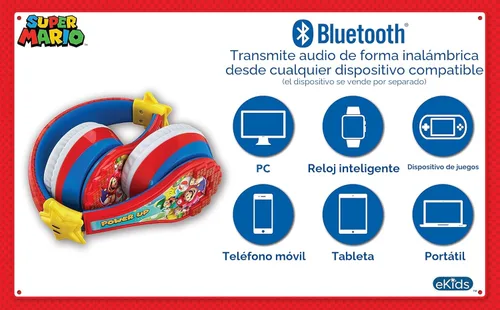 Vista 4 de Super Mario - Auriculares inalámbricos Bluetooth portátiles para niños con micrófono, volumen reducido para proteger la audición, batería