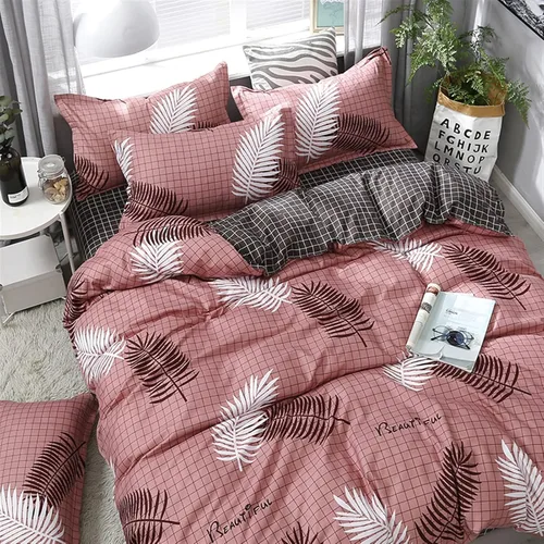 Vista 3 de HASMI Juego de ropa de cama nórdica simple con estampado de hojas y cuadros, funda de edredón de doble cara, tamaño individual, doble, queen, king