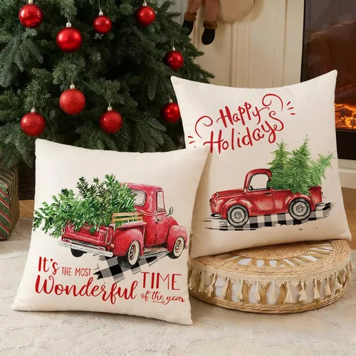 Vista 7 de CARRIE HOME Fundas de almohada navideñas de 18 x 18 pulgadas, paquete de 2 fundas de almohada rústicas de Navidad de camión rojo para decoraciones