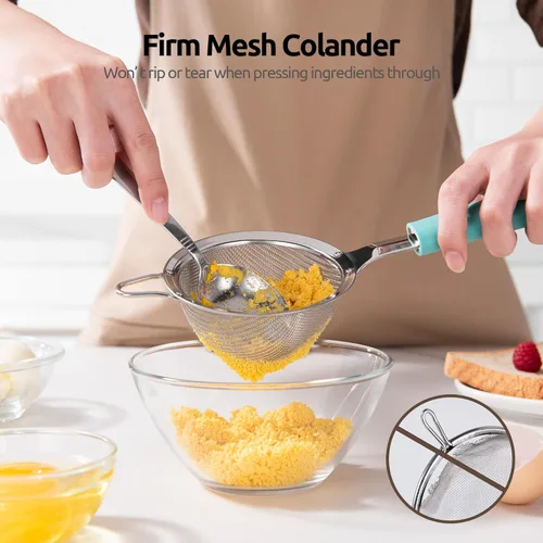 Vista 6 de Colador de malla de acero inoxidable 18/8: U-Taste Colador de alimentos de malla fina de cocina de 3.9 pulgadas con mango de silicona resistente