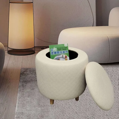 Vista 6 de Funda otomana redonda, fundas elásticas para otomanas, 2 piezas, fundas protectoras para reposapiés a cuadros suaves con parte inferior elástica