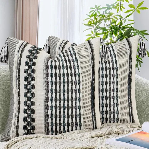 Vista 27 de AmHoo - Fundas de almohada de 18 x 18 pulgadas con borlas, fundas de almohada decorativas tejidas con textura de chenilla estilo boho para sofá