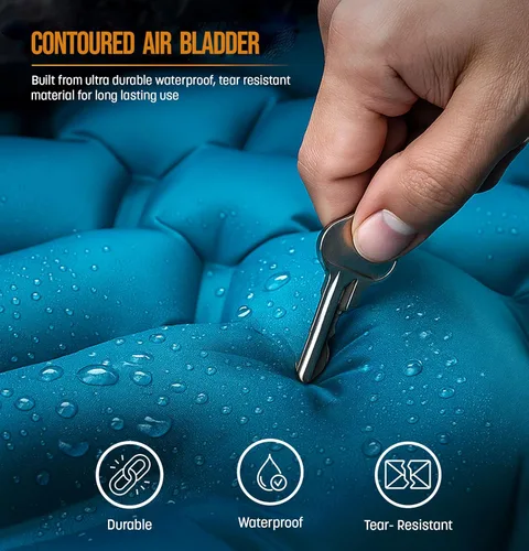 Vista 7 de Saco de dormir con almohadilla incorporada (AirPack Sleeper) – Colchoneta inflable todo en uno y almohada para acampar con bomba de pie incorporada