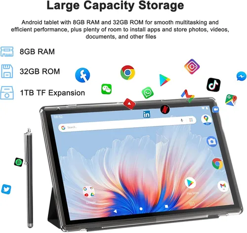Vista 4 de Tableta de 10 pulgadas Android 15 con funda, 6GB RAM+32GB ROM+1024GB expansión, batería de 6000mah, cámara dual 2MP+8MP WiFi-6, pantalla táctil IPS