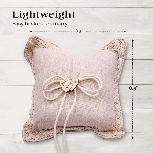 Vista 3 de SLS SUPPLY FLORA - Almohada de arpillera para portador de anillos de encaje, soporte clásico para anillos de boda, elegante almohada rústica